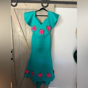 Turquoise Mexican style dress used once some stains in tale, shown on picture